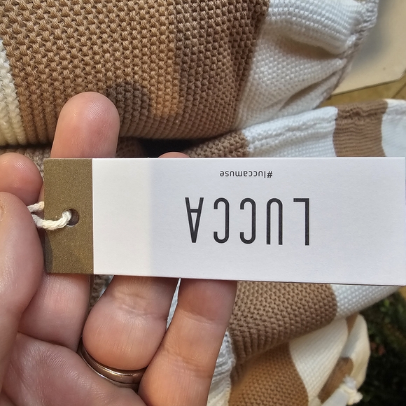 Lucca, Striped Tan and White Sweater Set - Picture 5 of 9